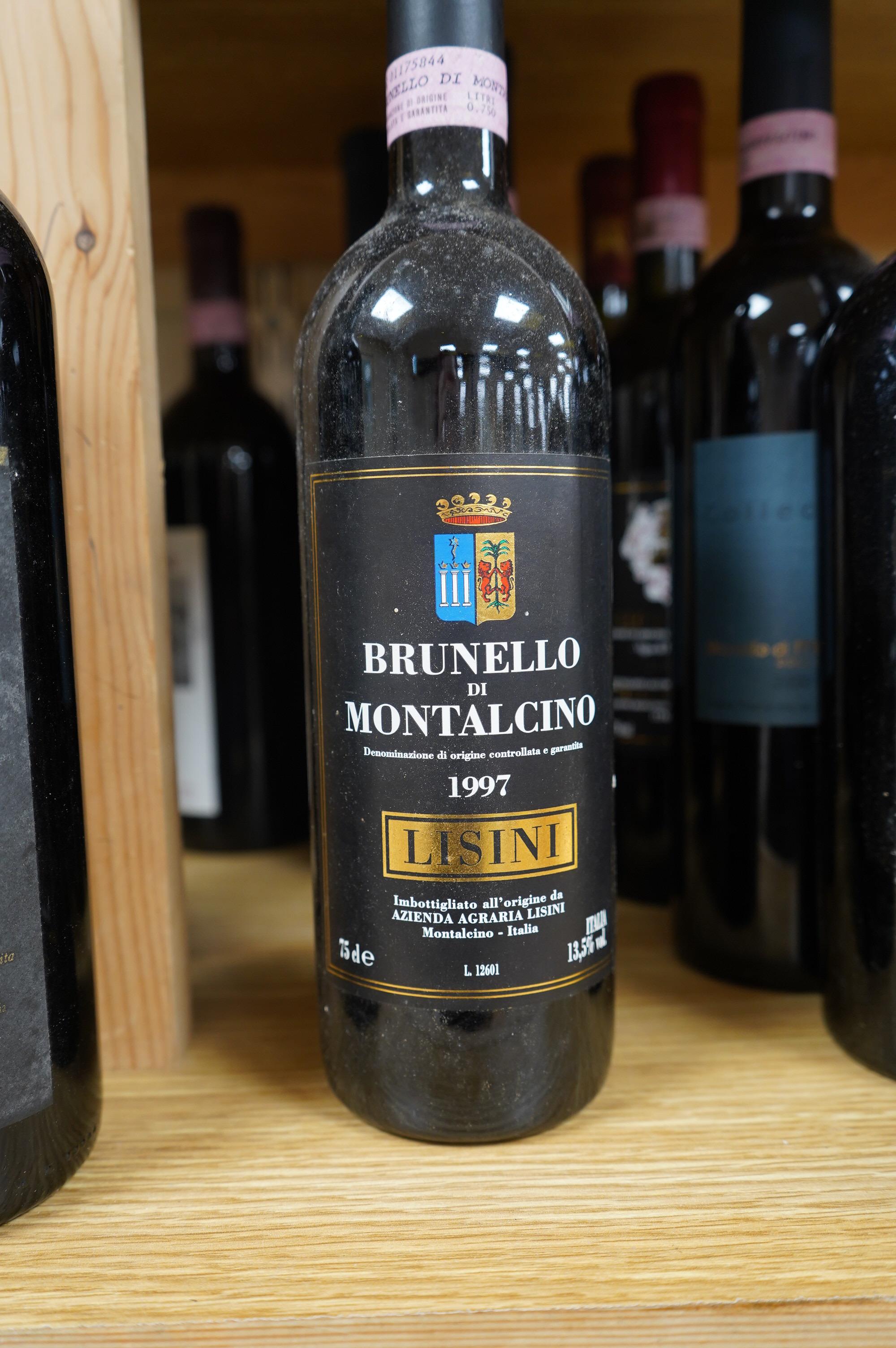 Sixteen bottles of various Italian wines to include Colleoni Brunello di Montalcino, 2000, Lisini 1997 and Casanova Di Neri 1997. Condition - fair to good, storage history unknown